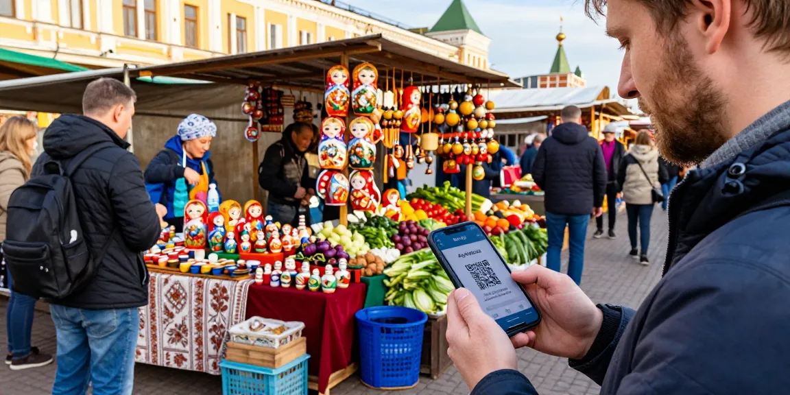 Un viajero usando la app https://payinrussia.com/ en un mercado ruso, rodeado de vendedores locales y productos tradicionales.
