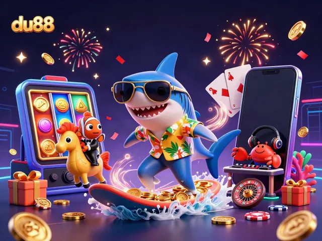 Experience thrilling winnings at du88 with a vibrant 3D casino scene featuring a shark surfacing waves of gold coins.
