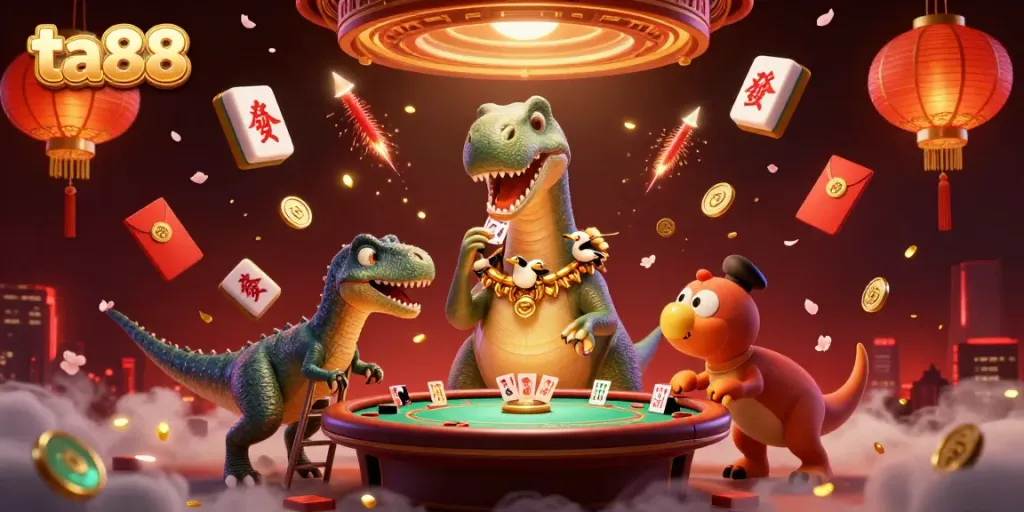 Explore ta88's vibrant casino world with a giant brontosaurus, as colorful gaming elements surround it.