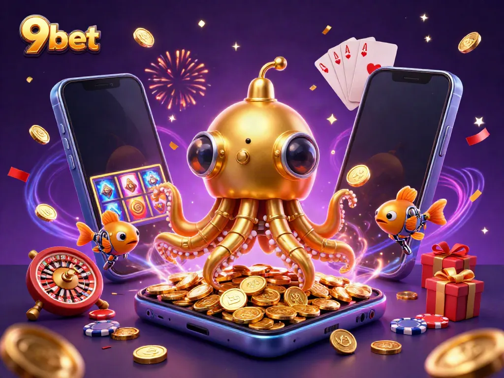 Experience top-tier entertainment at 9bet with a golden kraken submarine surrounded by casino games and riches.