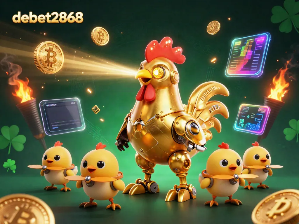 Engage in thrilling bets with debet2868 at a vibrant casino scene featuring futuristic robots and neon crypto coins.