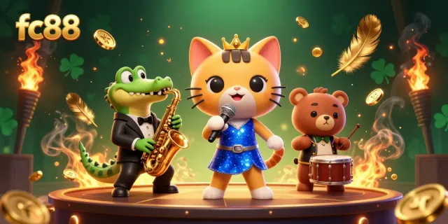 Engage with fc88's vibrant casino scene featuring a jazz-singer cat, sax-playing crocodile, and drum bear, vibrant elements scattered.