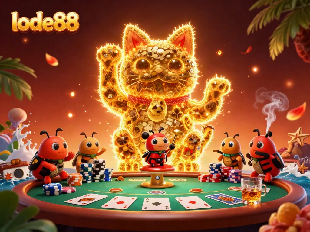 Engage with lode88's vibrant casino experience showcasing a lucky cat, poker elements, and festive decor.