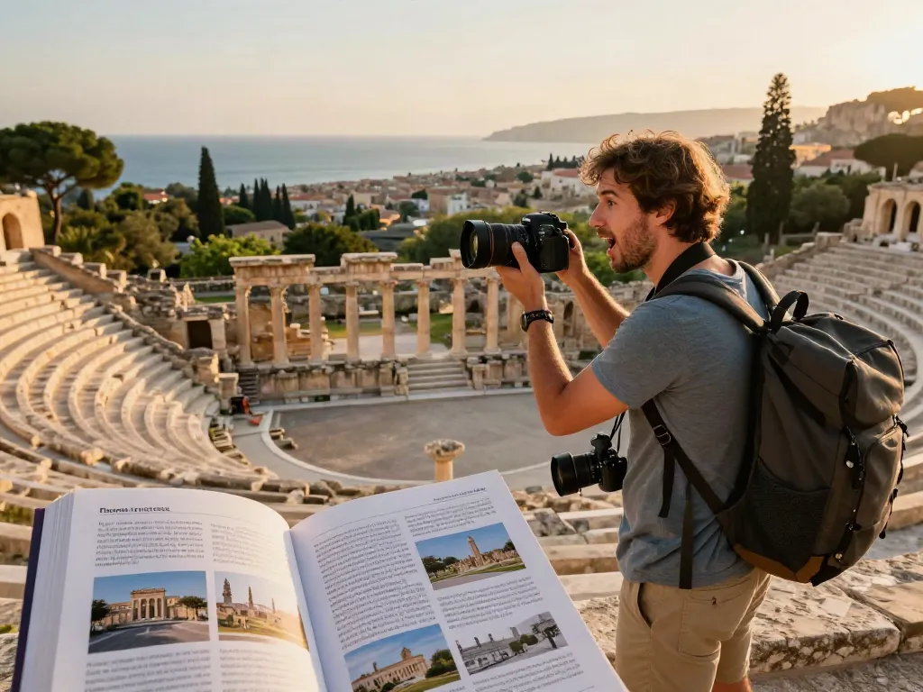 Explorador disfrutando de la historia en Siracusa, Sicilia, con el-sierakaudalo en un paisaje antiguo y costero.